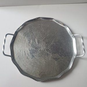 VTG Handmade Round Hammered Silver Metal Tray Etched Art Twisted Handles